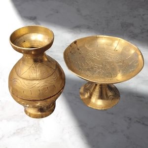 Vintage Brass Dragon Etched Small‎ Vase And Pedestal Bowl Set